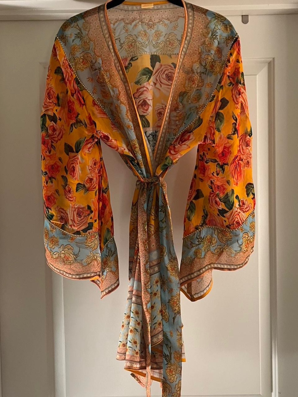 Agua Bendita Yellow and Blue Floral Swim Coverup Kimono